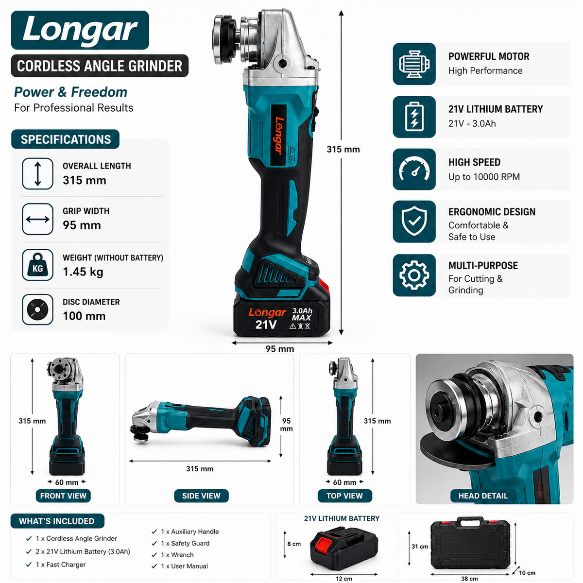 Cordless Angle Grinder Kit – 3.0Ah