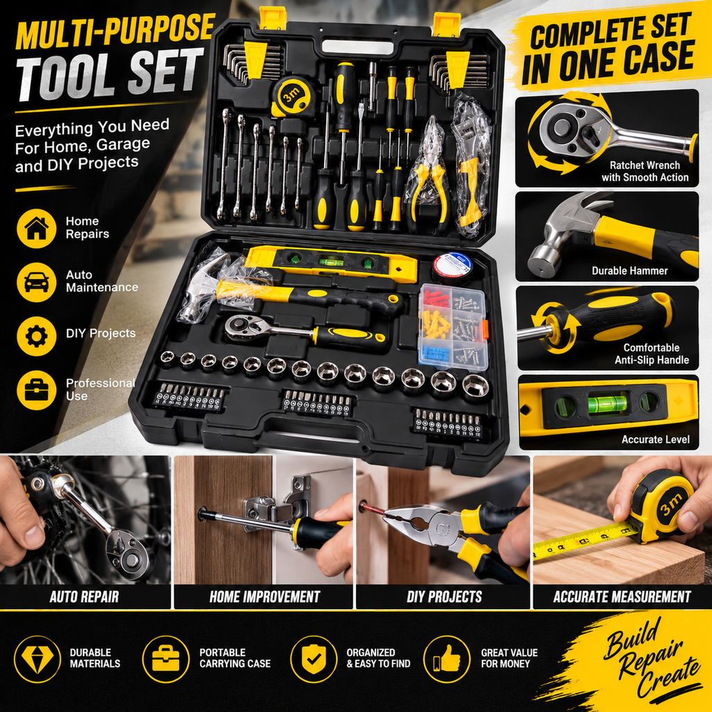 Multi-Purpose 108-Piece Tool Set with Ratchet, Sockets, Wrenches & Screwdrivers – Portable Carrying Case