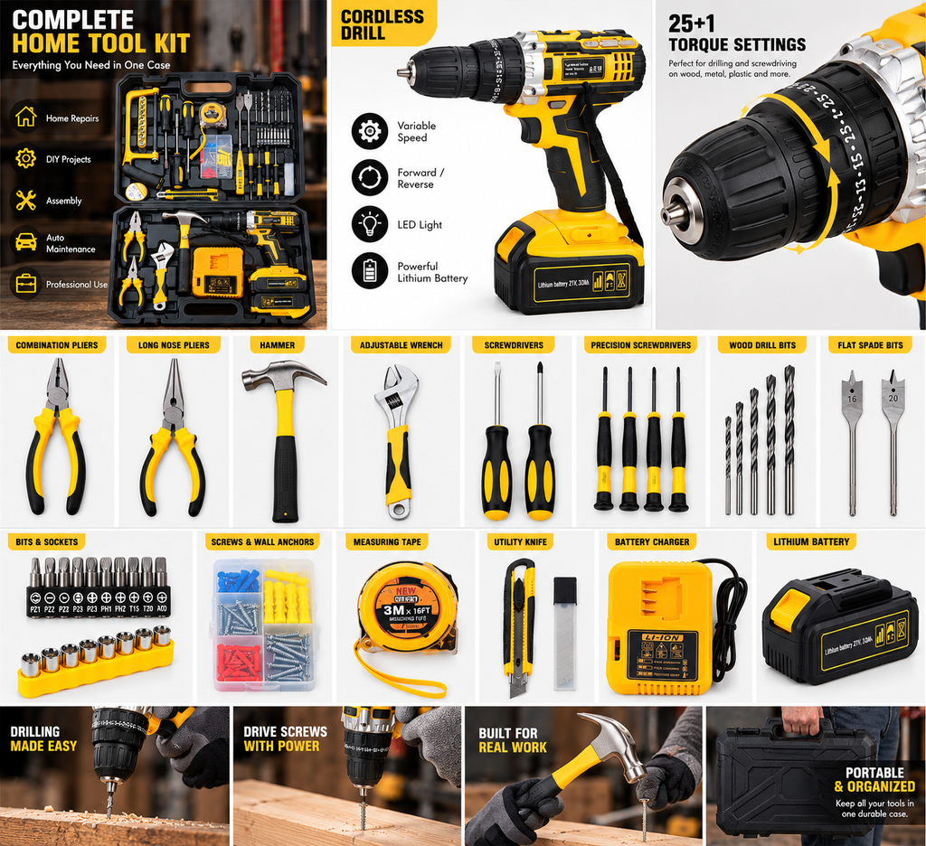 Cordless Drill & 100+ Piece Home Tool Kit Set with 2 Upgrade Batteries, Charger & Carrying Case