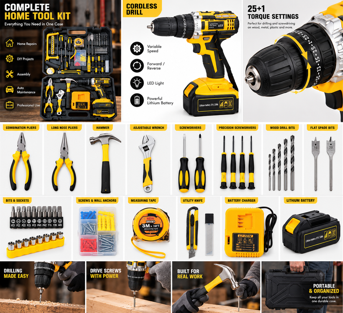 Cordless Drill & 100+ Piece Home Tool Kit Set with 2 Upgrade Batteries, Charger & Carrying Case