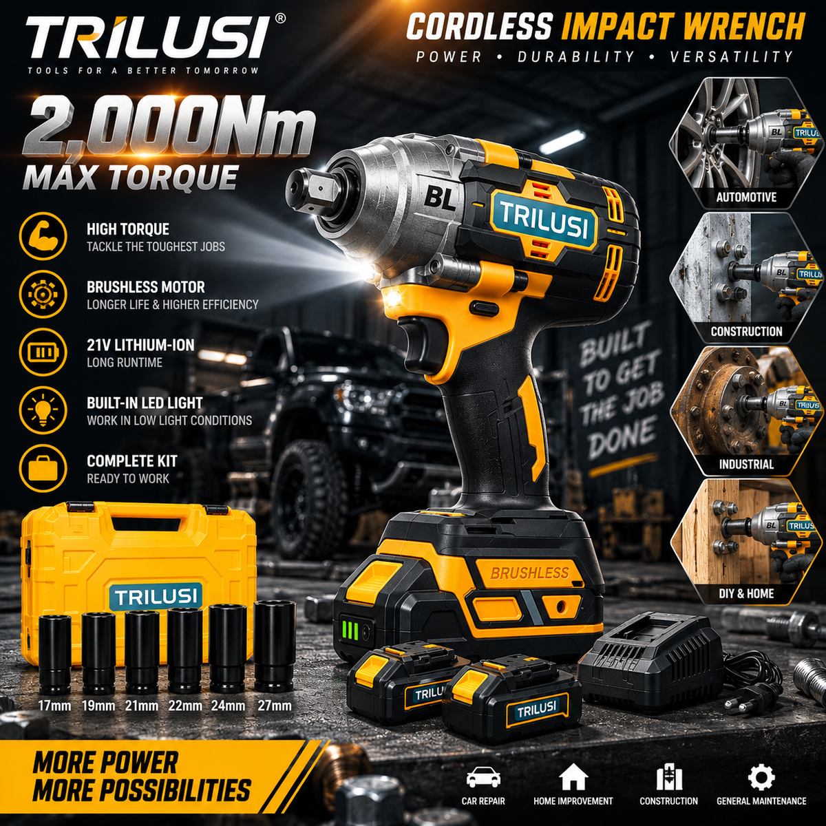 Impact Wrench 2.000Nm – Brushless Motor, 21V Lithium-Ion Battery 4.0Ah & Complete Socket Kit