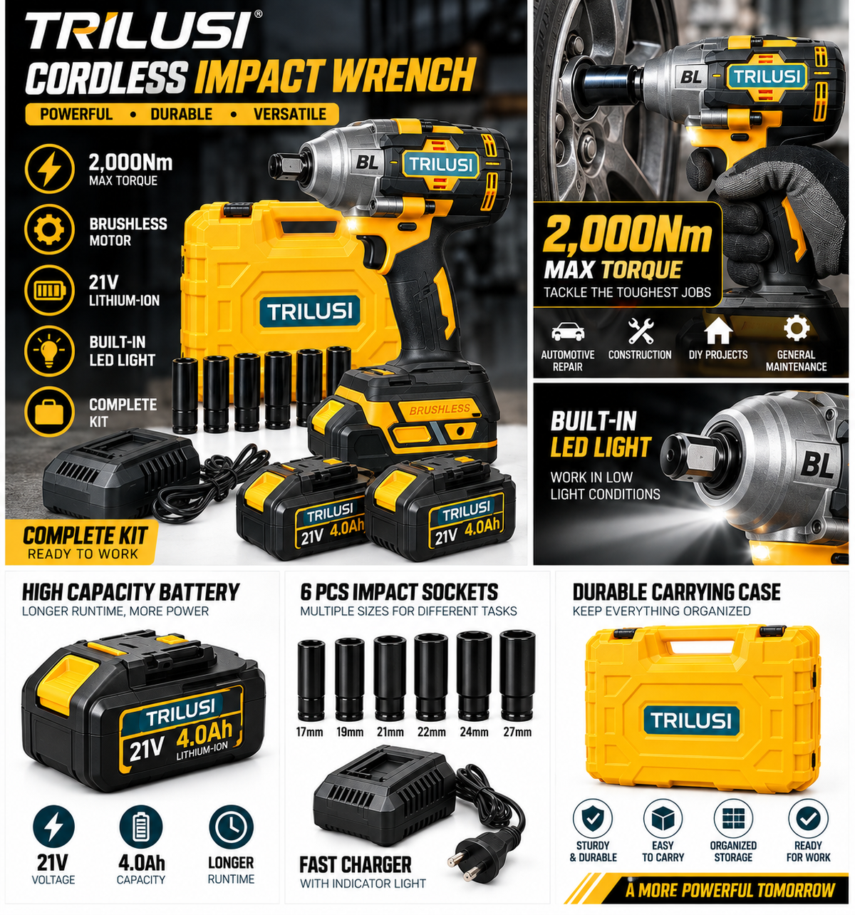 Impact Wrench 2.000Nm – Brushless Motor, 21V Lithium-Ion Battery 4.0Ah & Complete Socket Kit