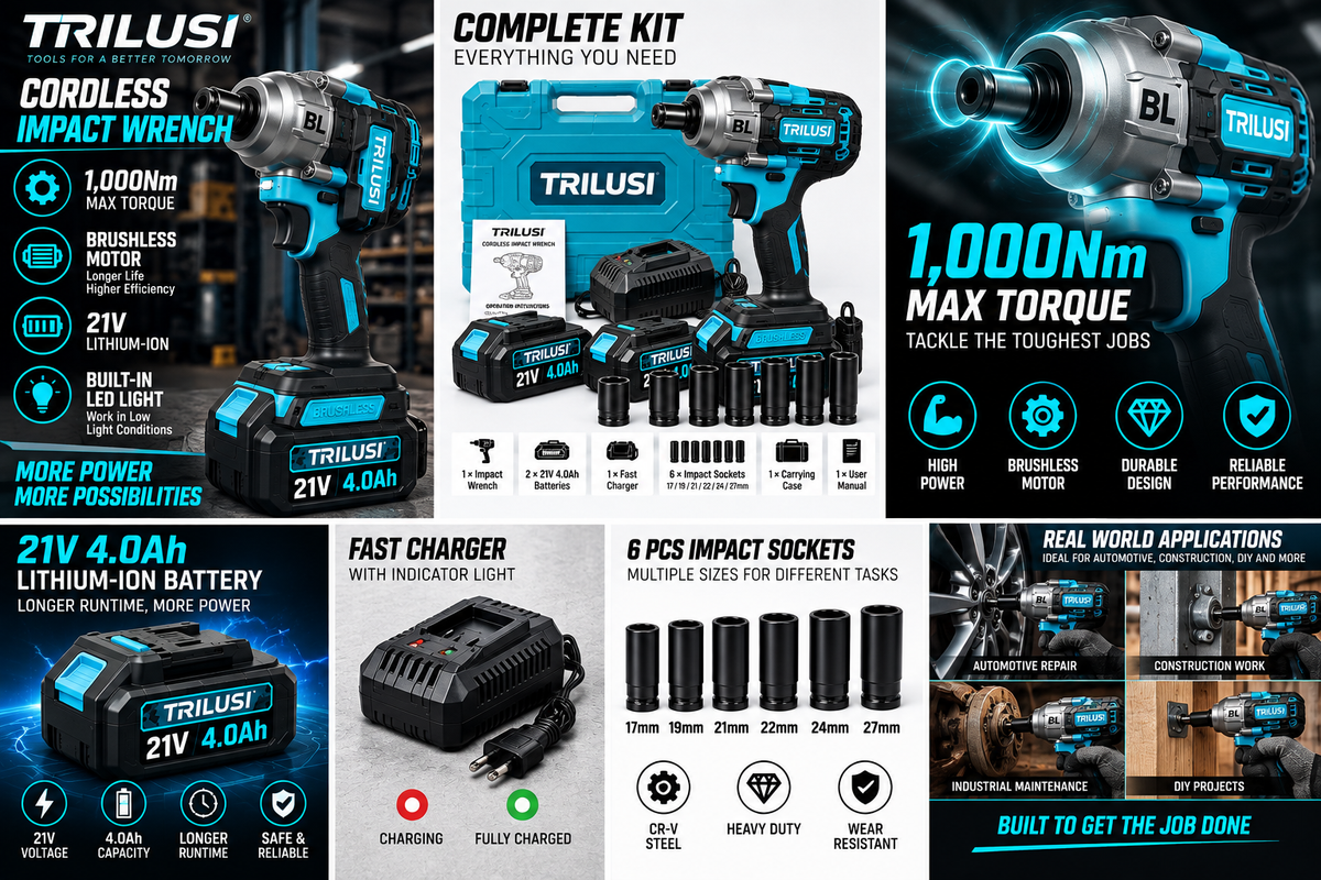 TRILUSI 21V Cordless Impact Wrench – 1,000Nm Max Torque, Brushless Motor & 2* 4.0Ah Lithium-Ion Battery