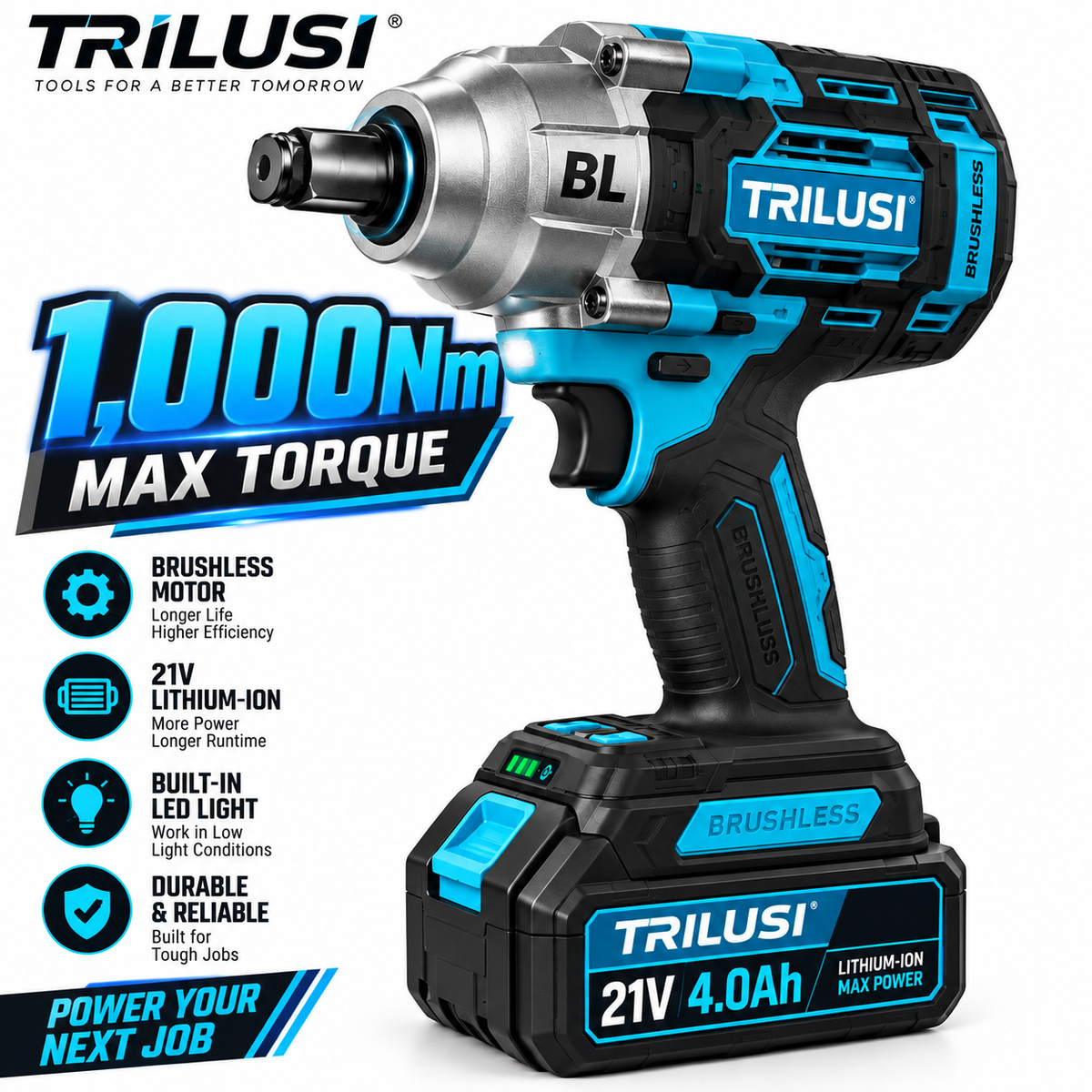 TRILUSI 21V Cordless Impact Wrench – 1,000Nm Max Torque, Brushless Motor & 2* 4.0Ah Lithium-Ion Battery