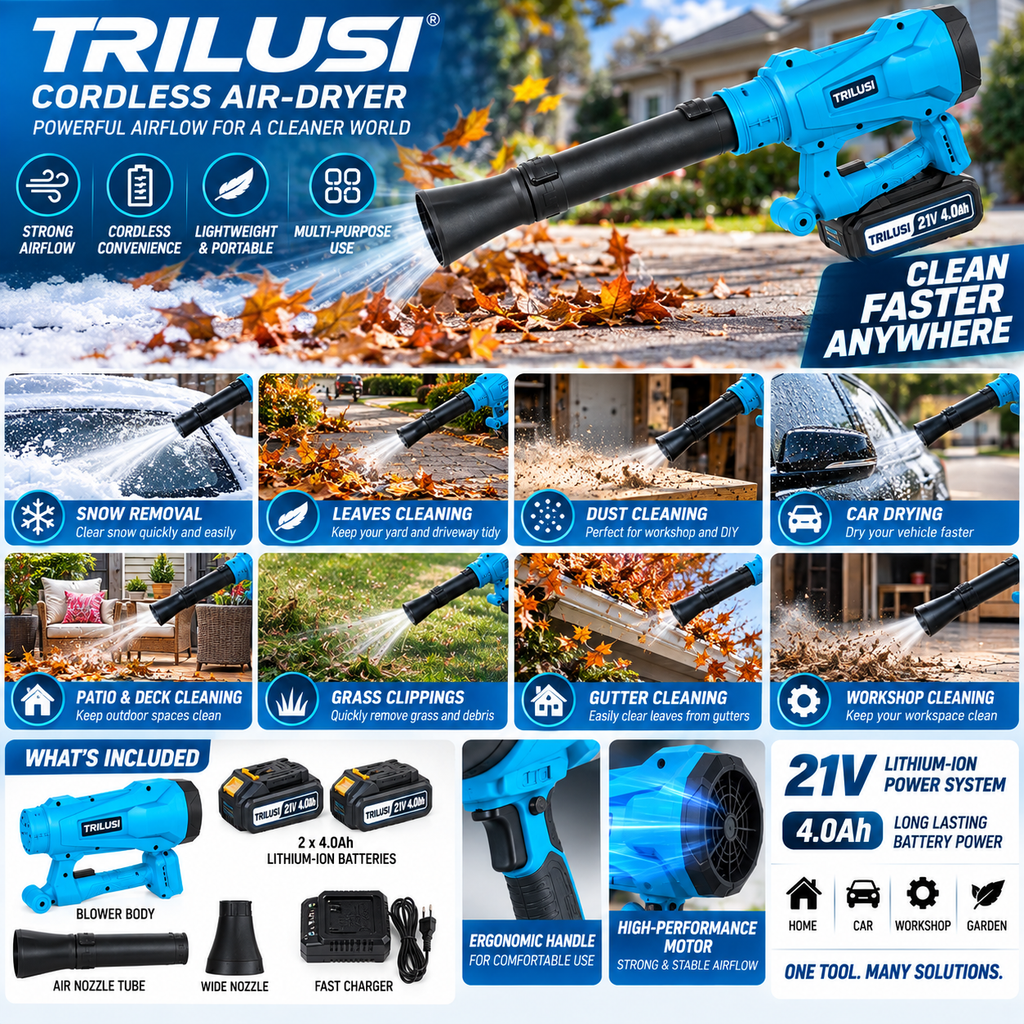 Air-Dryer & Blower, Leaf Blower, Snow Blower  – Powerful Airflow, 2 × 4.0Ah Lithium-Ion Batteries, Fast Charger & Multi-Purpose Nozzles