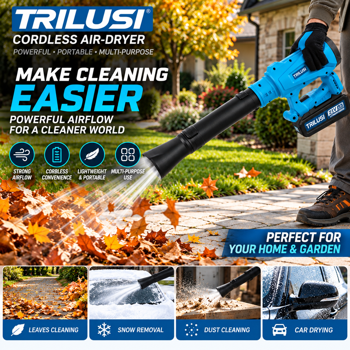 Air-Dryer & Blower, Leaf Blower, Snow Blower  – Powerful Airflow, 2 × 4.0Ah Lithium-Ion Batteries, Fast Charger & Multi-Purpose Nozzles