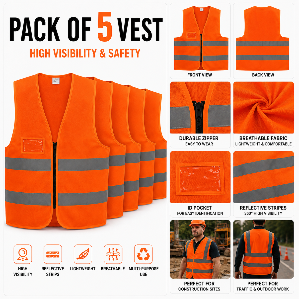 High-Visibility Safety Vest Pack of 5