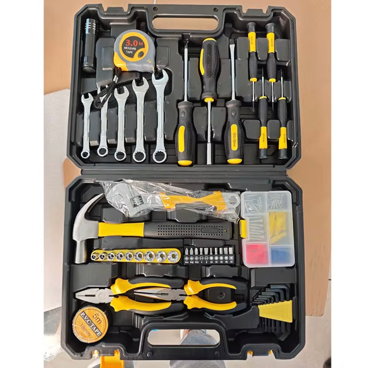 Tool Kit Set with Carrying Case, Hammer, Pliers, Wrenches, Screwdrivers, 3.0M Tape Measure, Yellow and Black