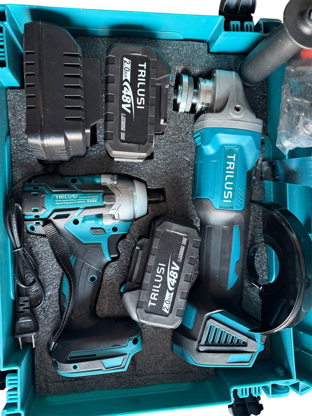 TRILUSI 48V Cordless Impact Wrench and Angle Grinder Combo Kit | 2x 48V, 2.0Ah Batteries, Brushless Motor, Includes Drill Bits and circle saw, Carrying Case Included, Socket Accessories Set
